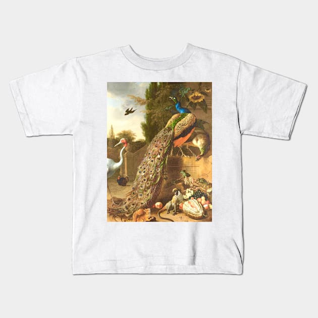 Peacocks by Melchior d'Hondecoeter (digitally enhanced) Kids T-Shirt by Amanda1775